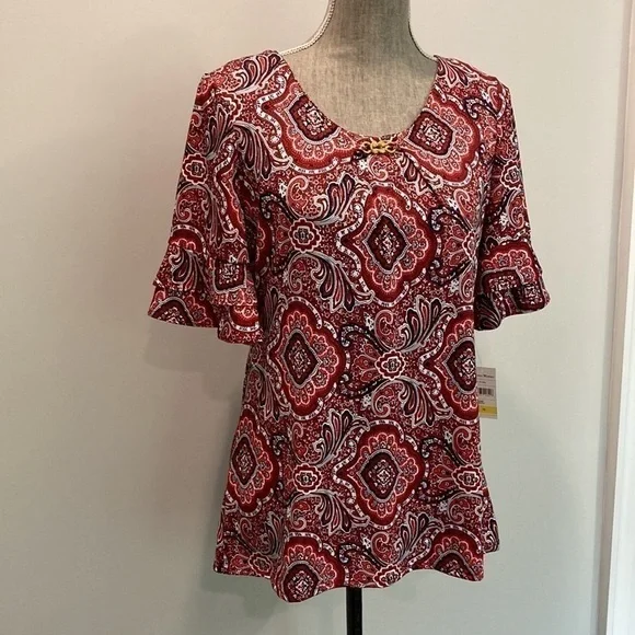Studio Works Red Short Ruffle Sleeve Top Medium​​​ - Picture 6 of 12